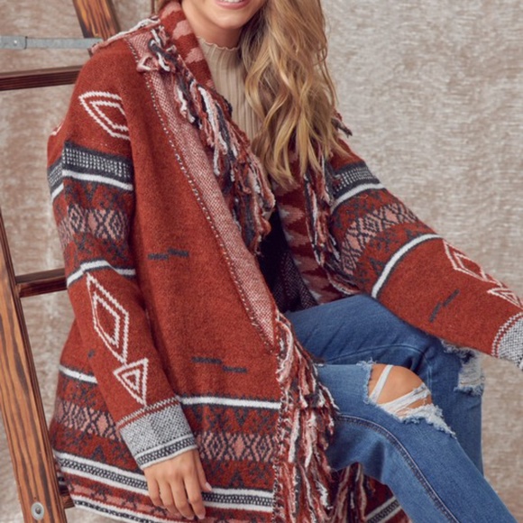 Brick Red Tribal Print Fringe Open Front Cardigan - Picture 5 of 8